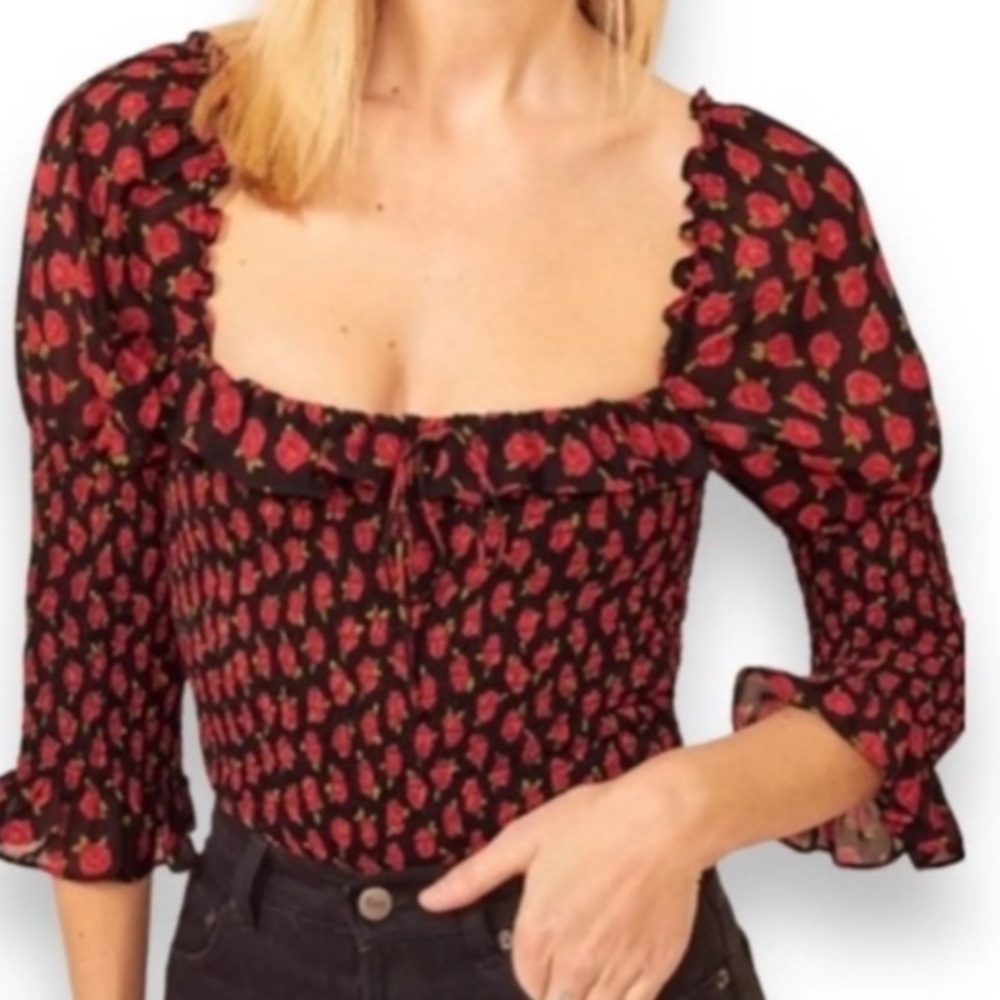 Floral Print Babydoll Milkmaid puff sleeve smoked top Size M Ruffle cuffs Y2K